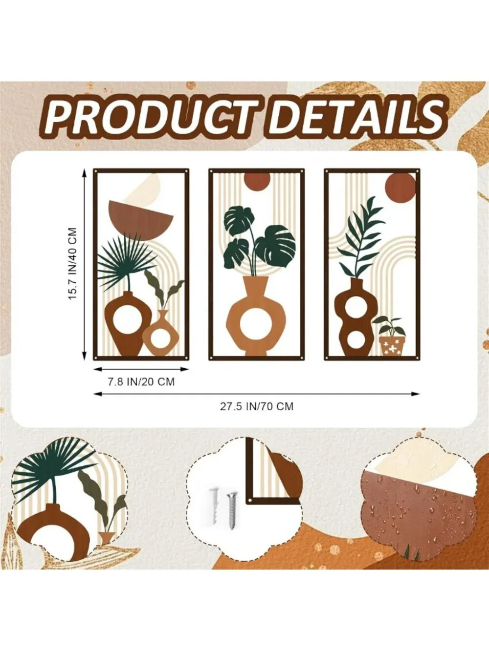 3 Pcs Boho Metal Wall Art Set - Mid Century Modern Plant Vase Decor, Tropical